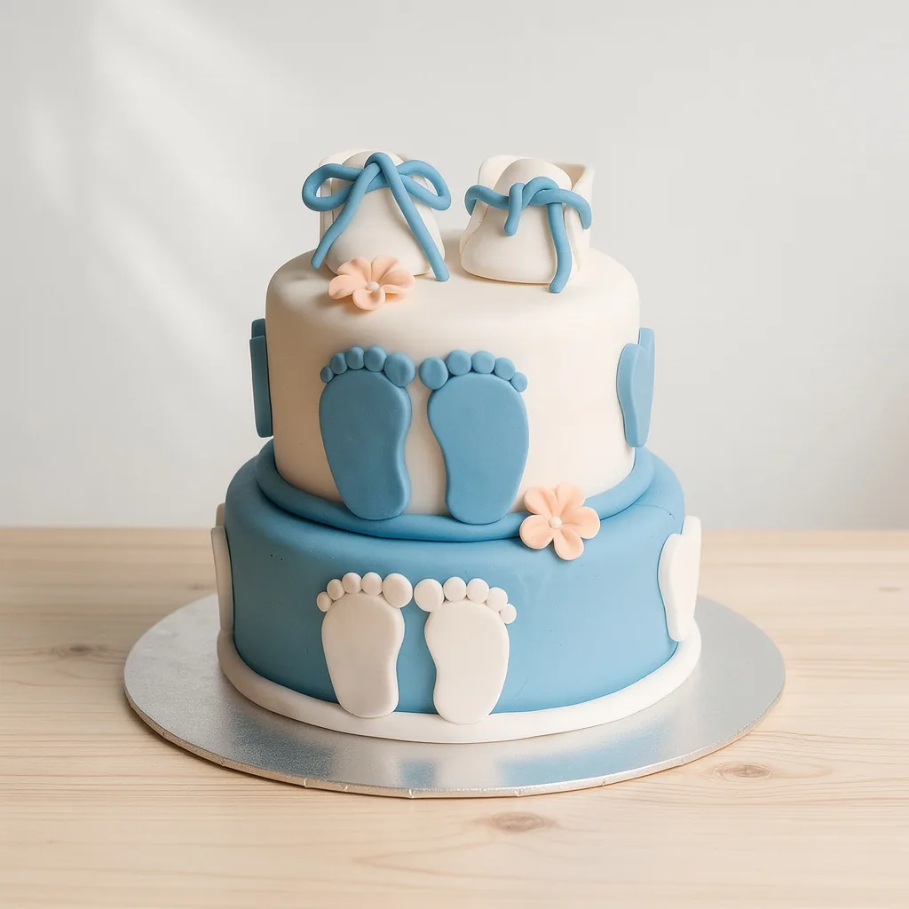 Two-tiered baby shower cake with blue and white fondant, baby footprints and shoes, decorated with small flowers