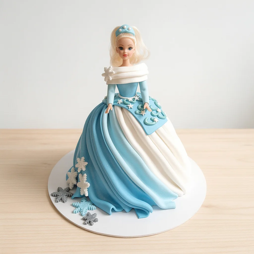 Doll cake with blue and white flowing fondant dress decorated with snowflakes