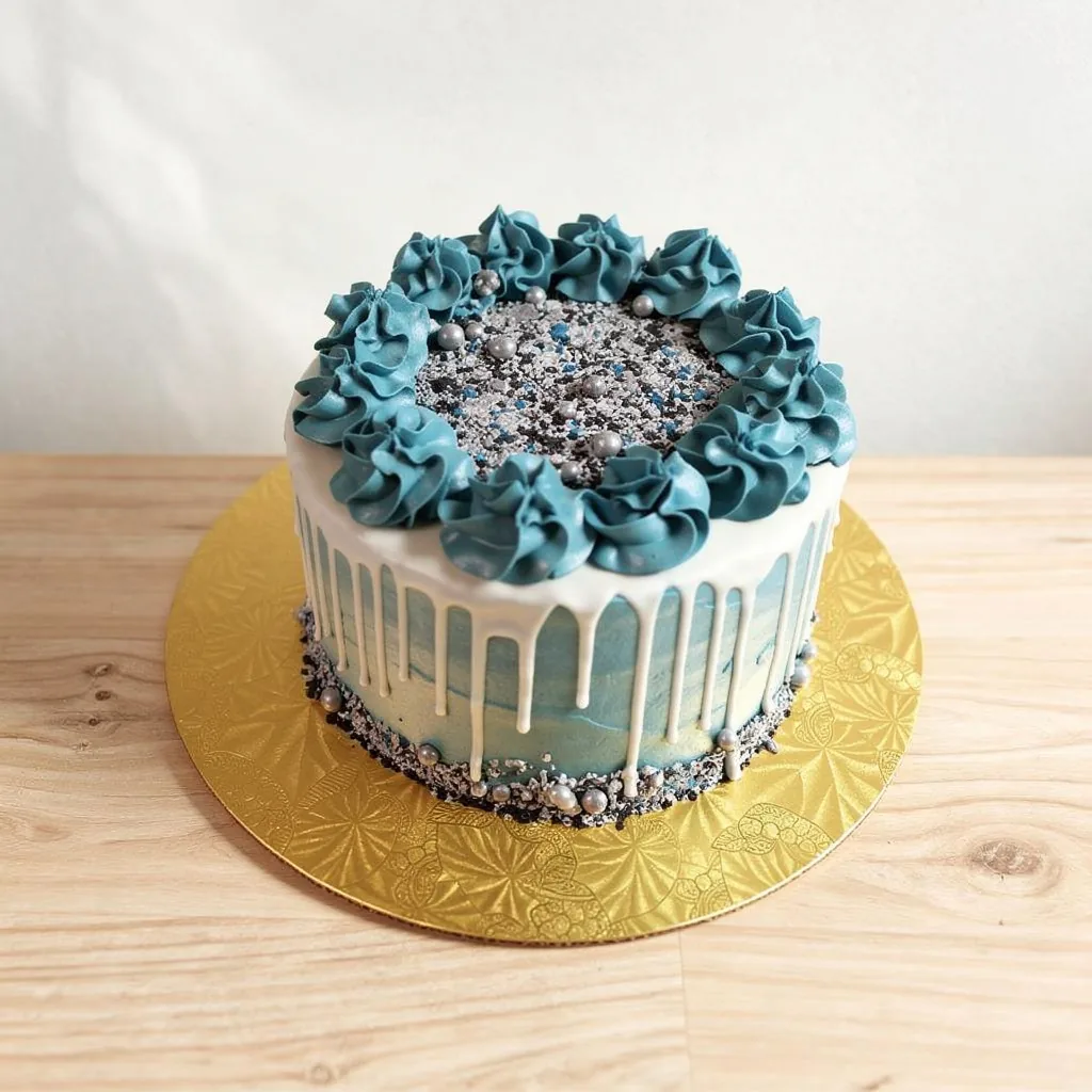 Round cake with blue and white drip icing decorated with blue swirls and silver balls