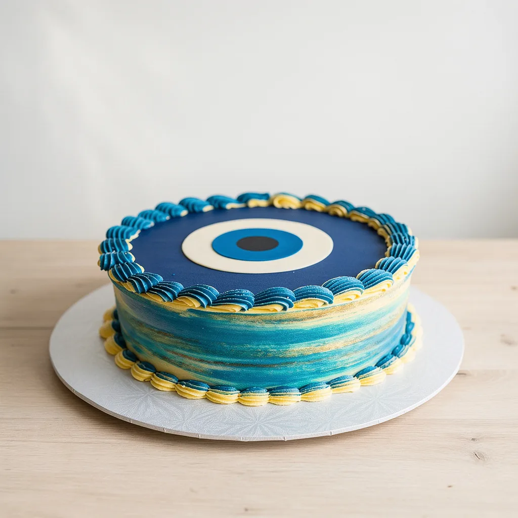 Round cake decorated with a blue and yellow ombré frosting and an edible evil eye design on top