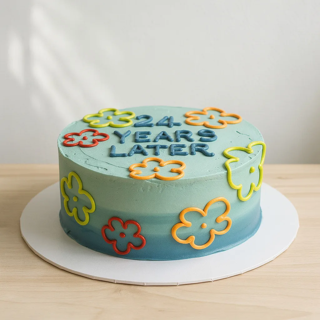 Round blue gradient cake decorated with colorful outlined flowers and text 24 years later