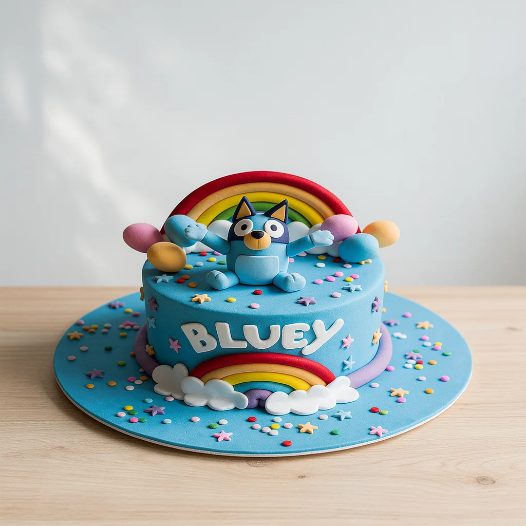 Blue fondant cake with a blue dog figure, rainbows, clouds, and colorful sprinkles