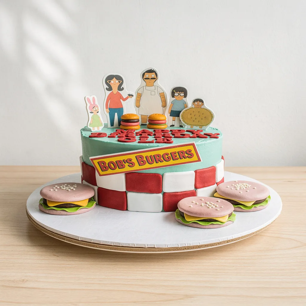 Round cake with teal frosting, red and white checkered fondant, burger and character toppers