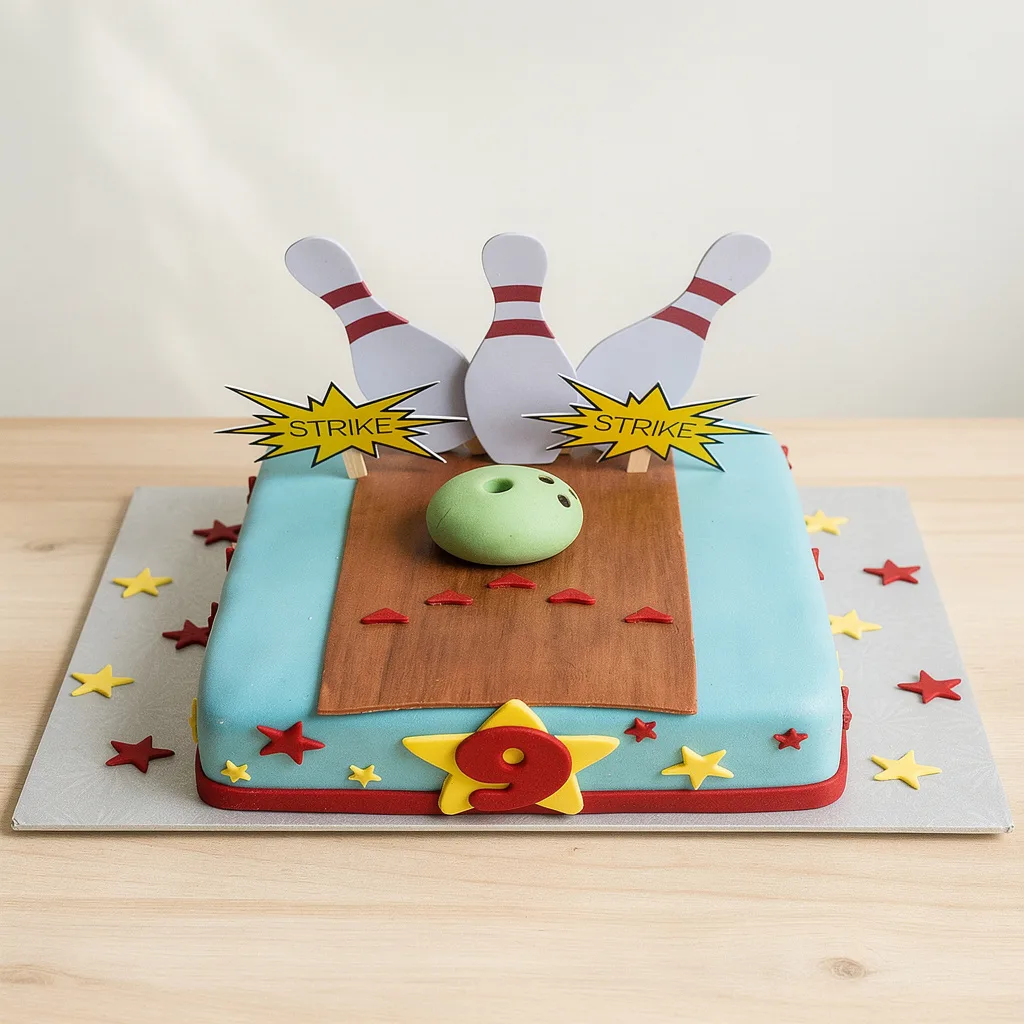 Square birthday cake with bowling pins, ball, strike signs, and number 9 decoration