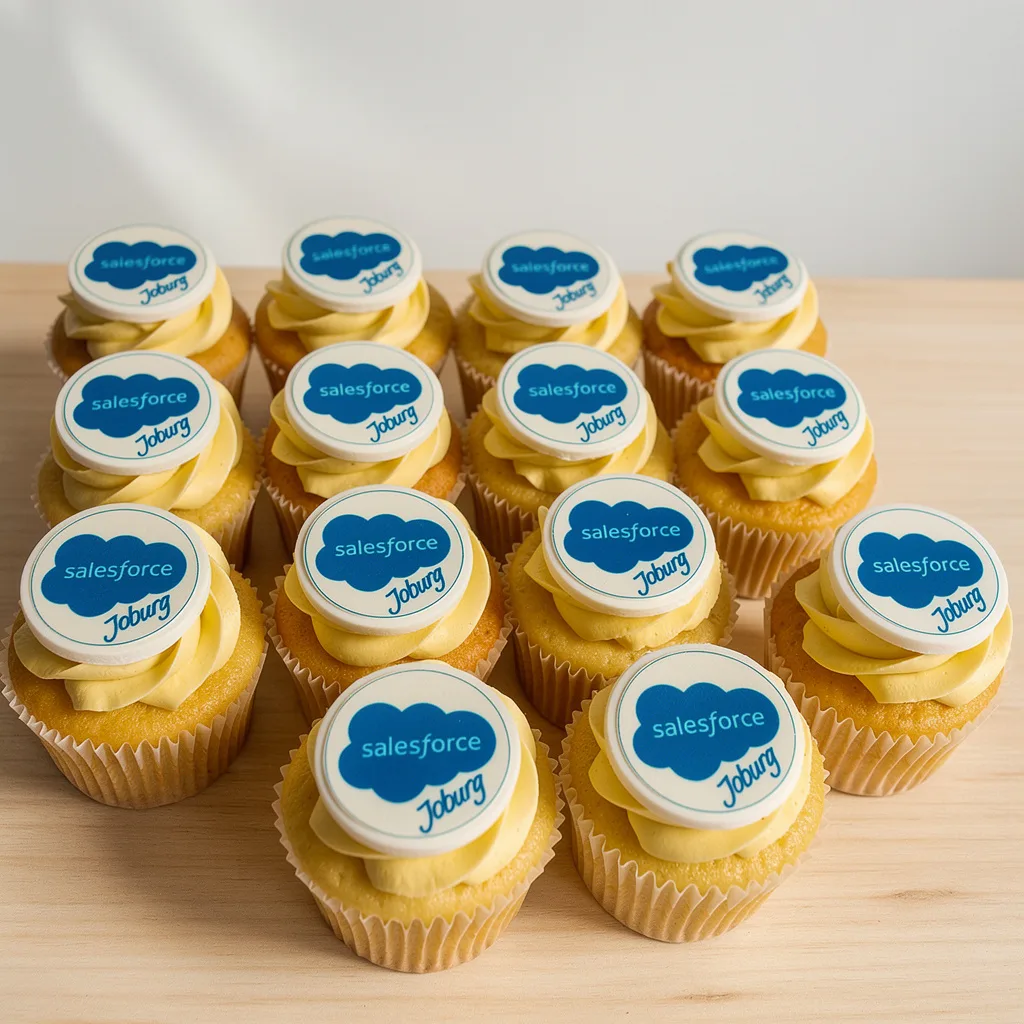 Group of yellow-frosted cupcakes topped with edible Salesforce Joburg logos