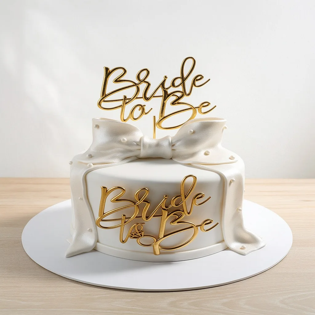 Elegant white cake with a large white fondant bow and gold Bride to Be decorations