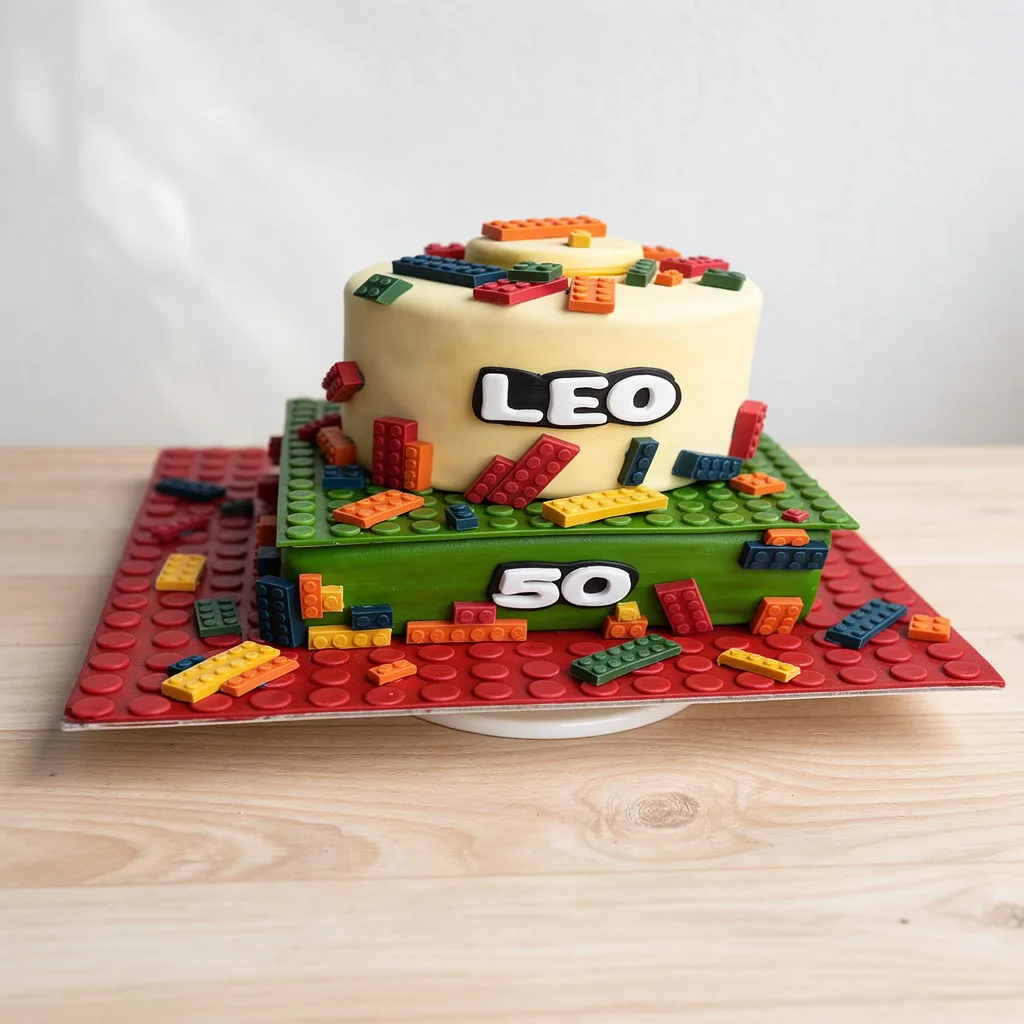 Two-tiered cake decorated with colorful edible building block pieces and black-and-white name and age plaques