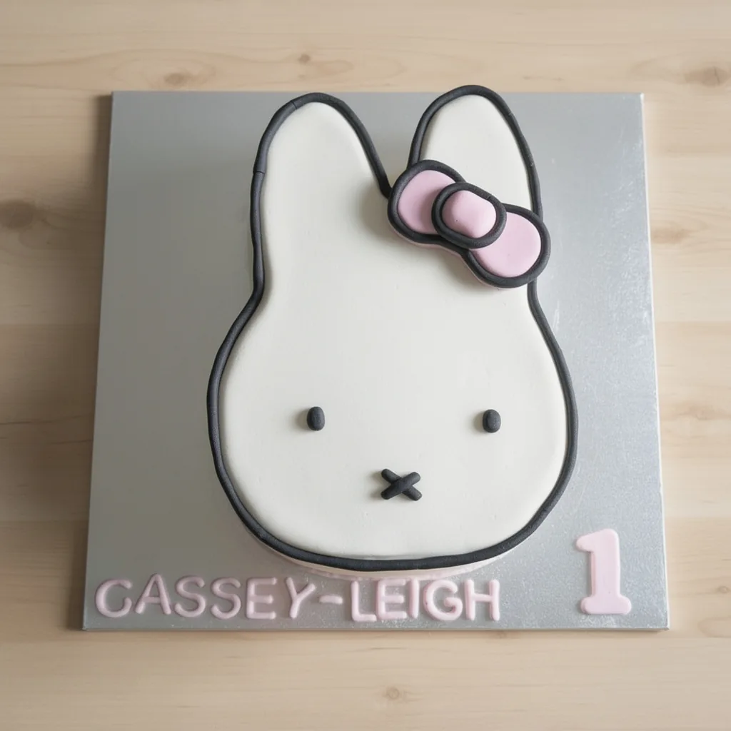 White bunny face cake with black outlines and pink bow, on silver board with pink lettering