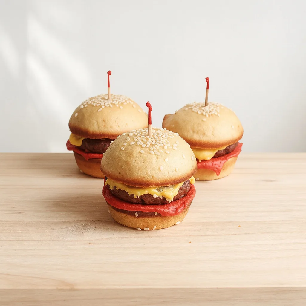 Three cupcakes decorated to look like cheeseburgers with sesame seed buns and red toothpicks