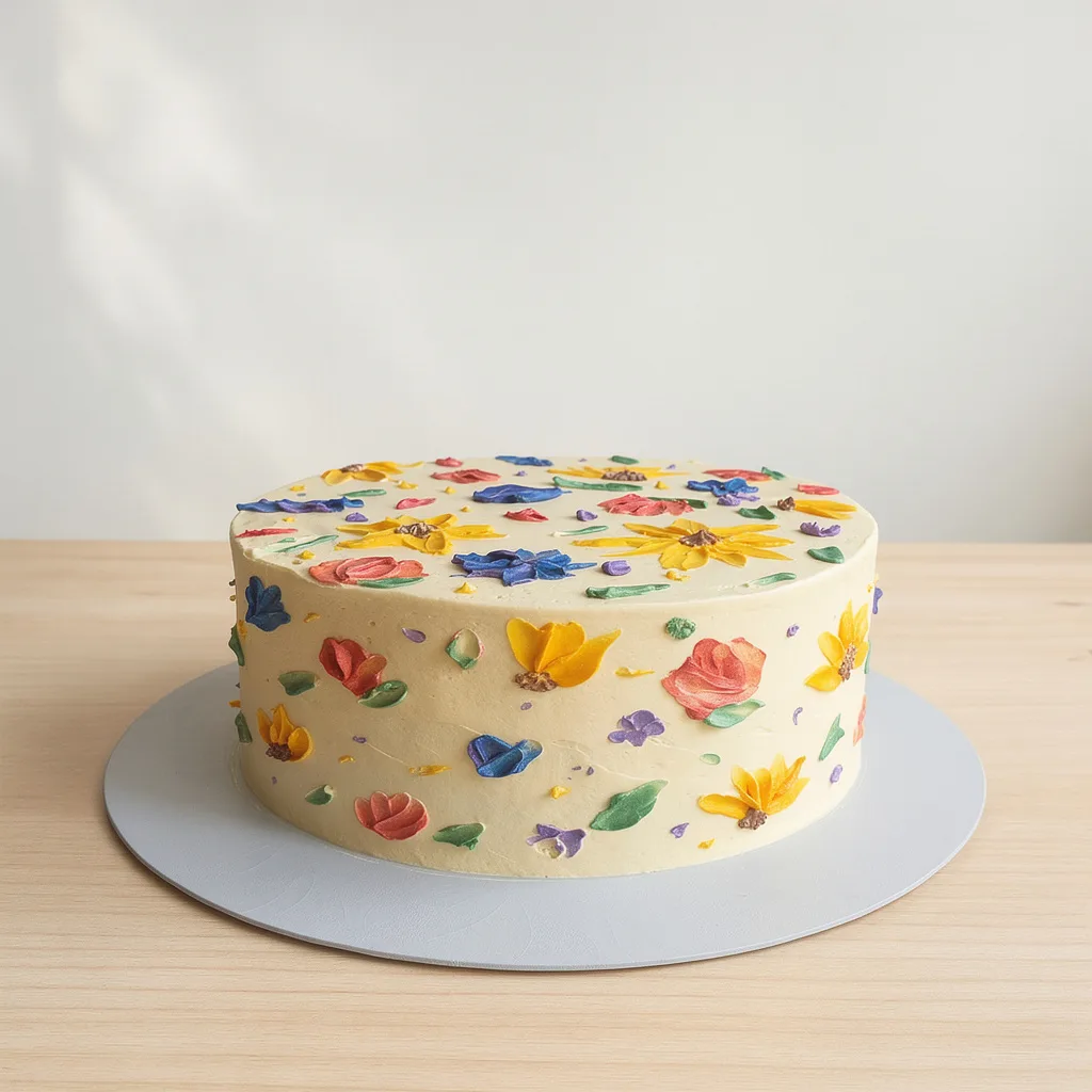 Round cake with cream buttercream frosting decorated with colorful buttercream flowers in yellow, pink, blue, and purple
