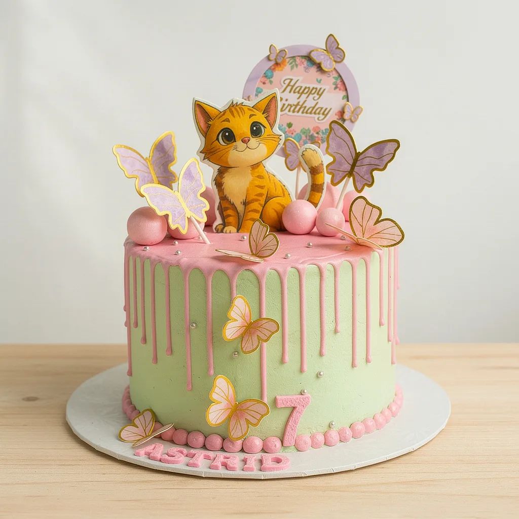 Pastel green birthday cake with pink drip icing, decorated with butterflies and a cute cat topper