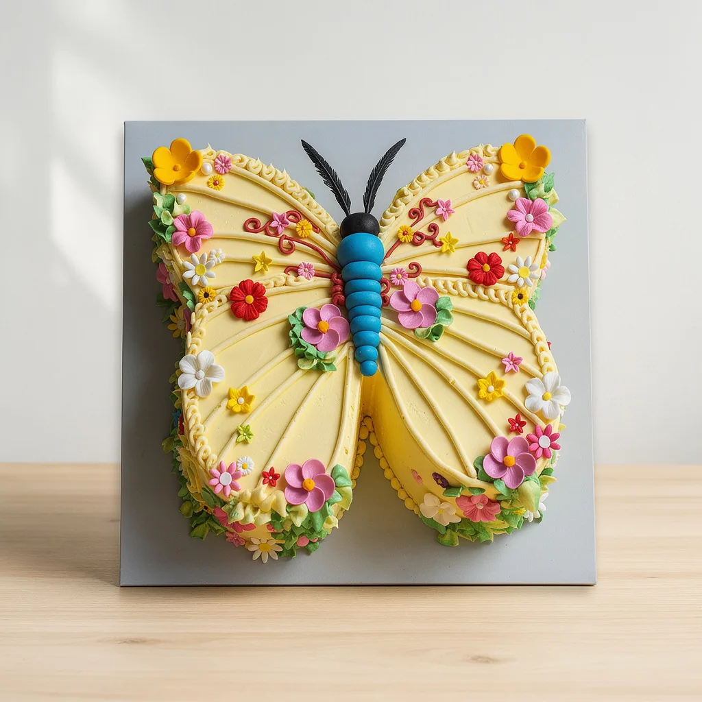 Butterfly-shaped cake decorated with colorful edible flowers and yellow buttercream wings