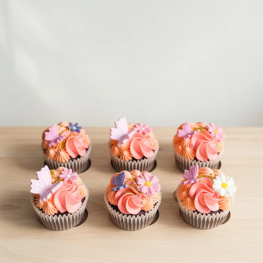 Six chocolate cupcakes with peach and pink swirled frosting topped with edible butterfly and flower decorations