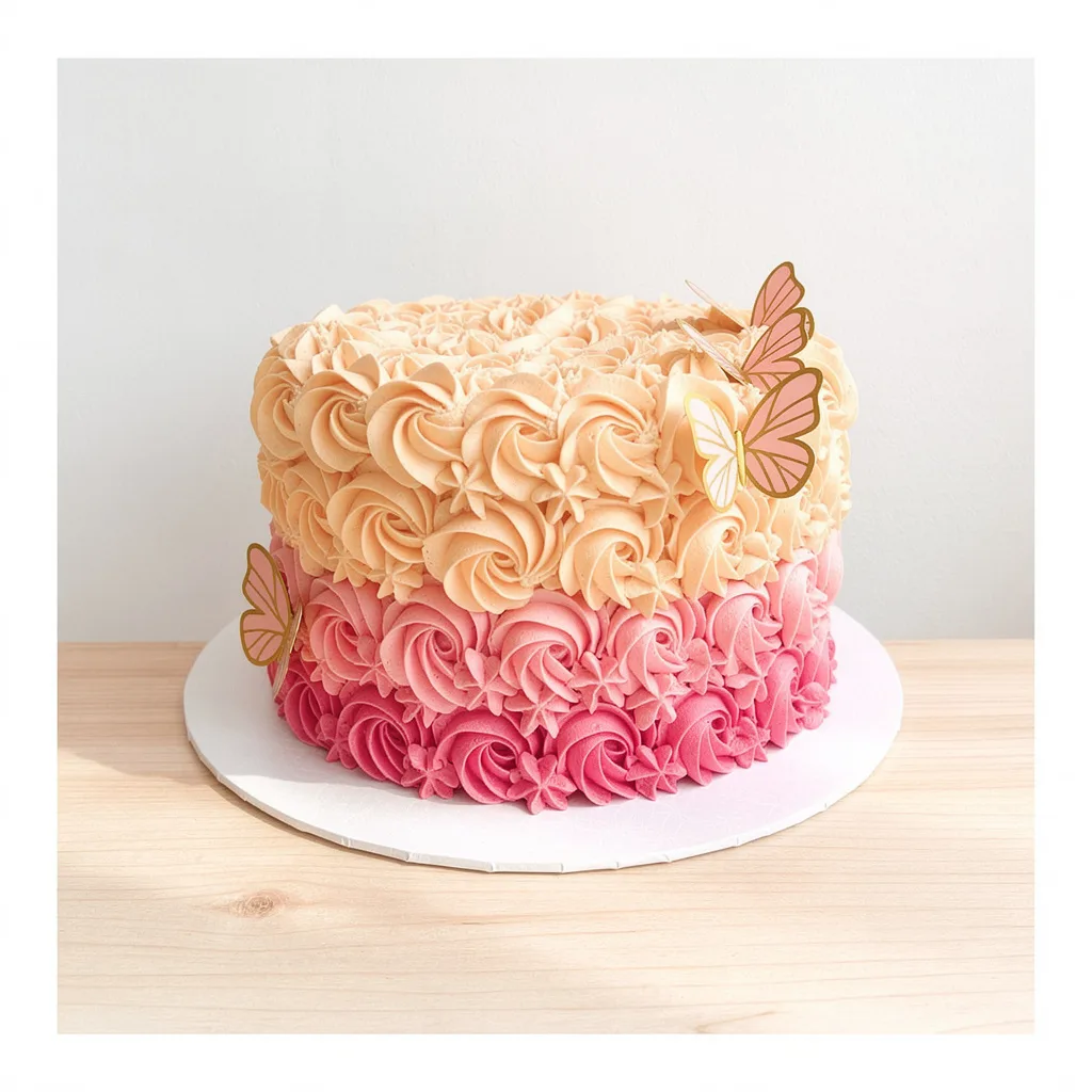 Round cake with ombre peach to pink rosette buttercream and butterfly decorations