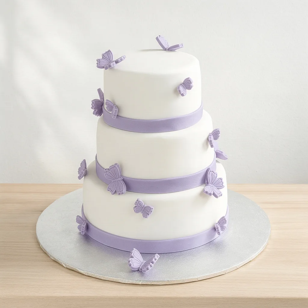 Three-tier white fondant cake with lilac ribbons and fondant butterfly decorations