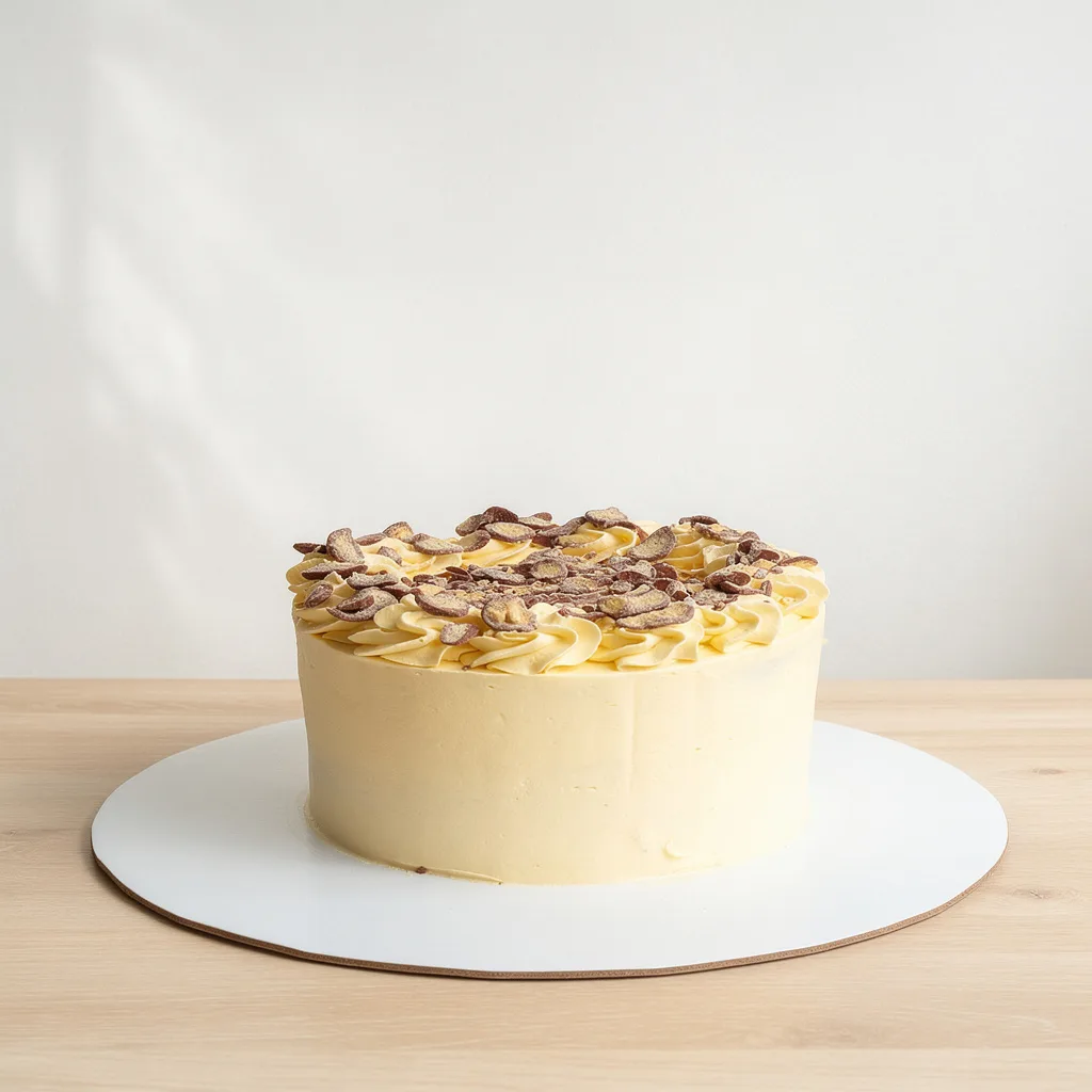 Round cake with creamy buttercream frosting and chocolate chip toppings on a white board