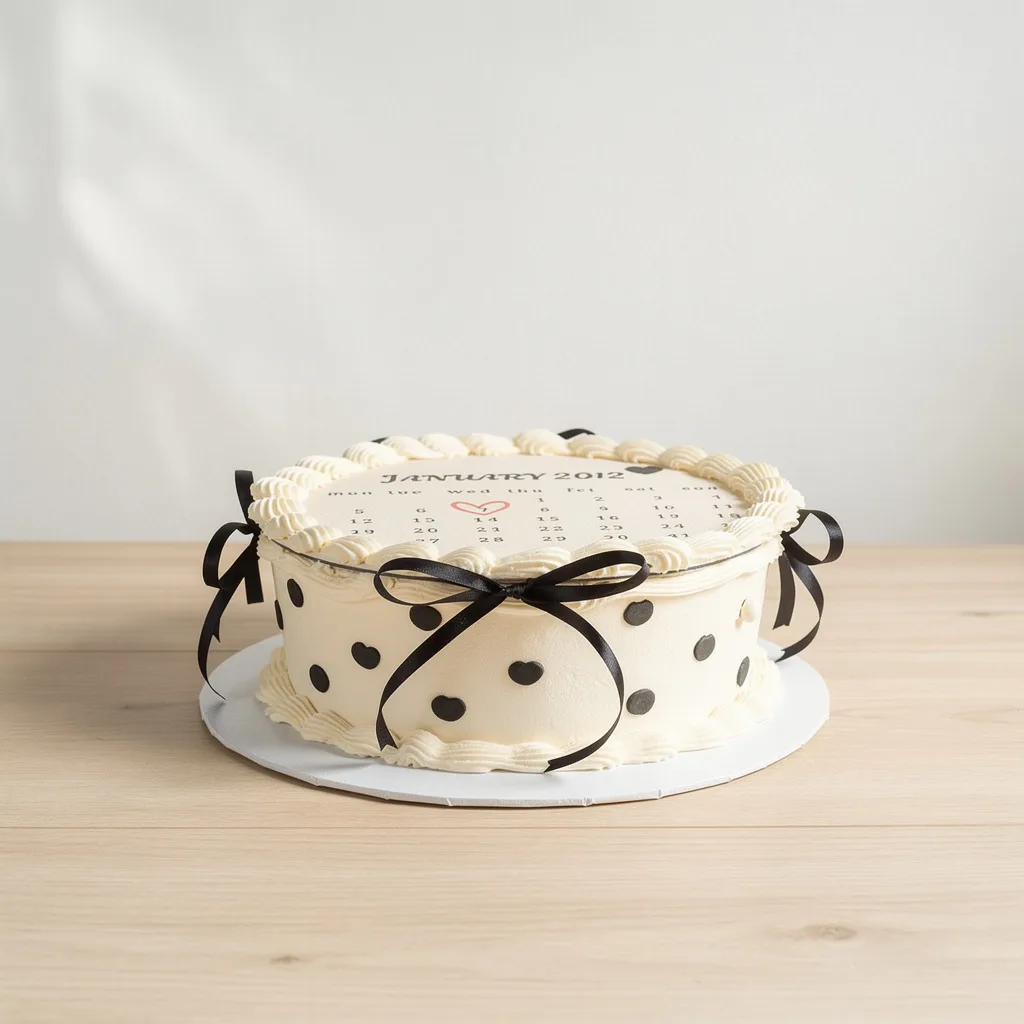 Round white cake with black polka dots and black ribbons, featuring January 2012 calendar and a red heart on the 15th
