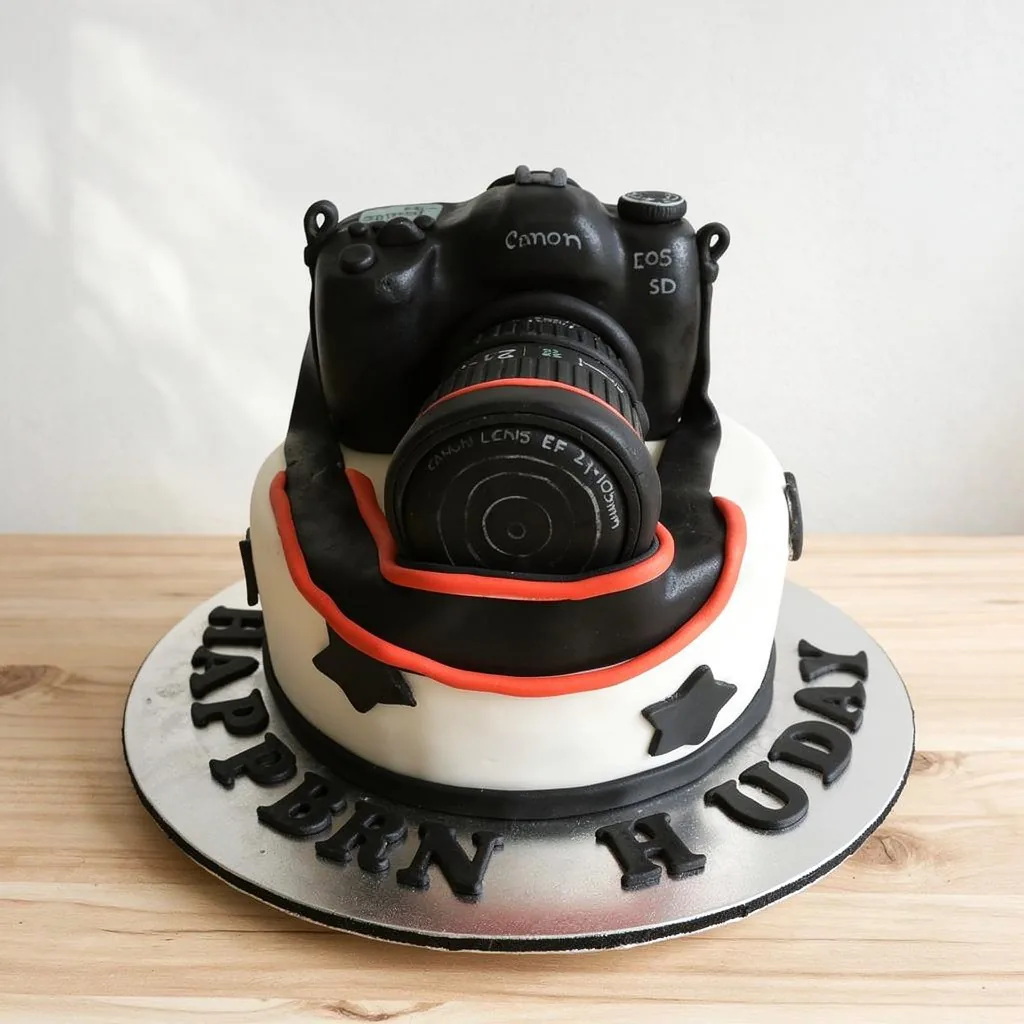 Two-tier cake decorated with a black camera and strap on a white base with black stars
