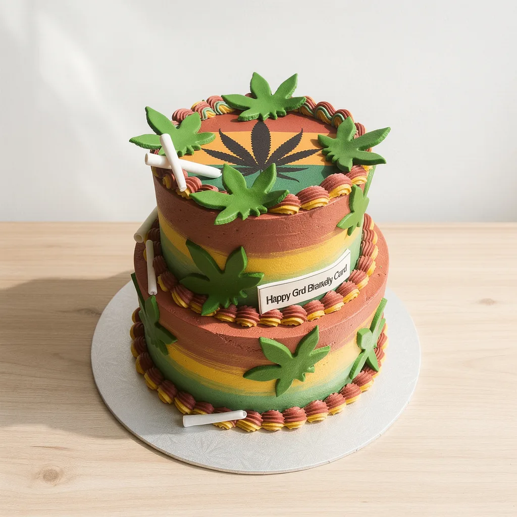 Two-tier cake with green cannabis leaf decorations and red, yellow, green striped frosting