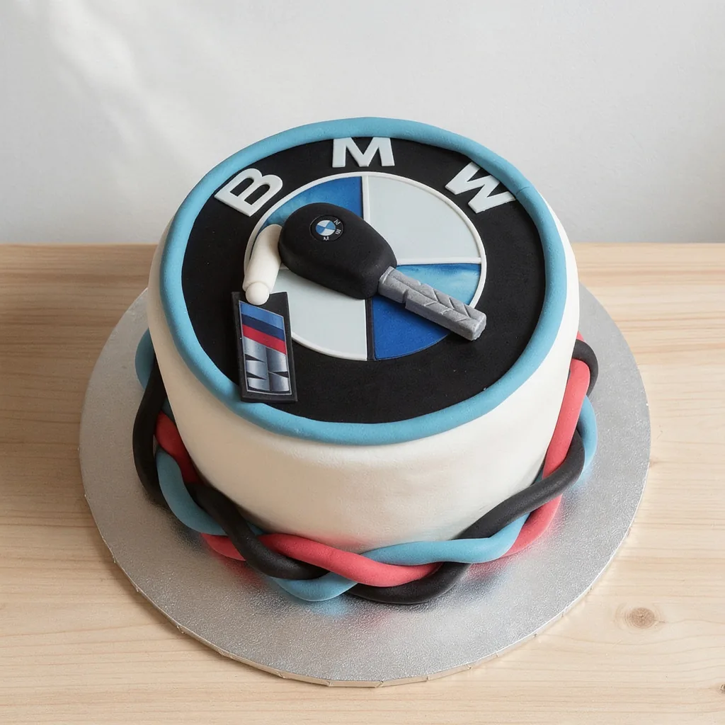 Round white cake with a BMW logo and edible car key decoration on top