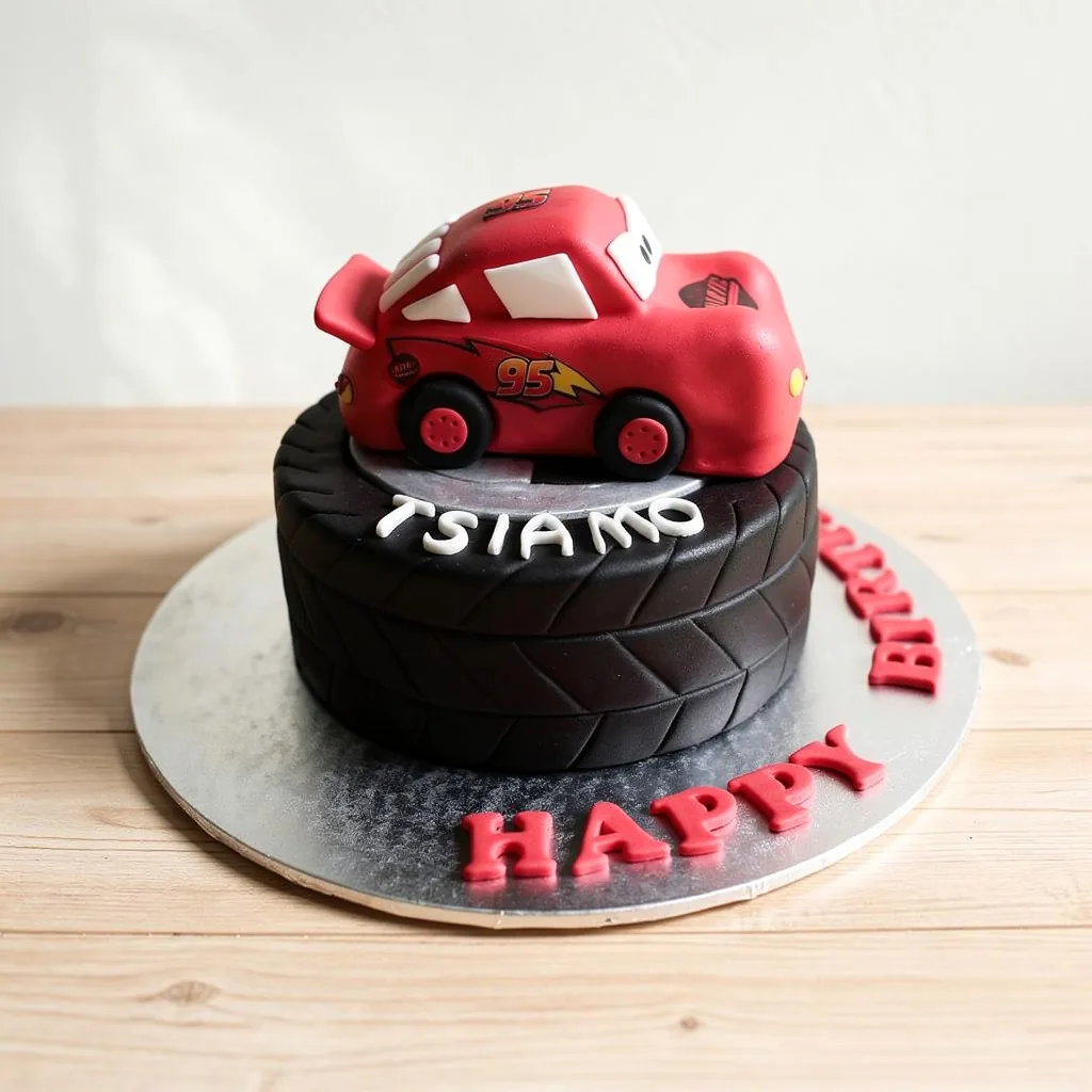 Two-tier cake with a tire base and red race car topper featuring lightning bolt and number 95