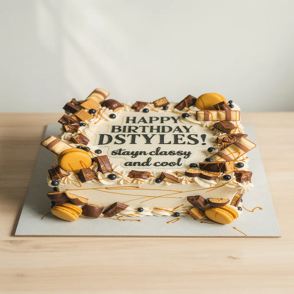 Square birthday cake decorated with caramel drizzle, macarons, chocolates and black sugar pearls