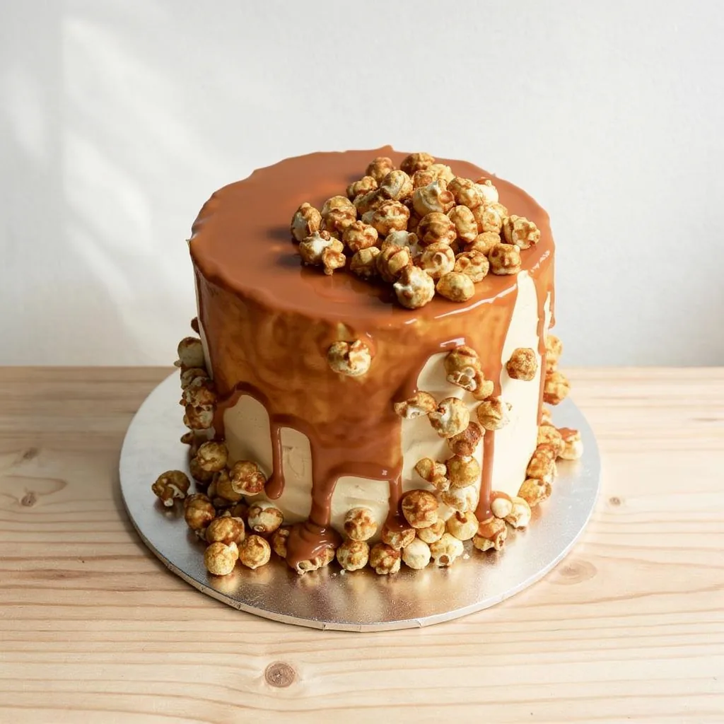 Round cake with caramel drip and popcorn decoration on top and around the base