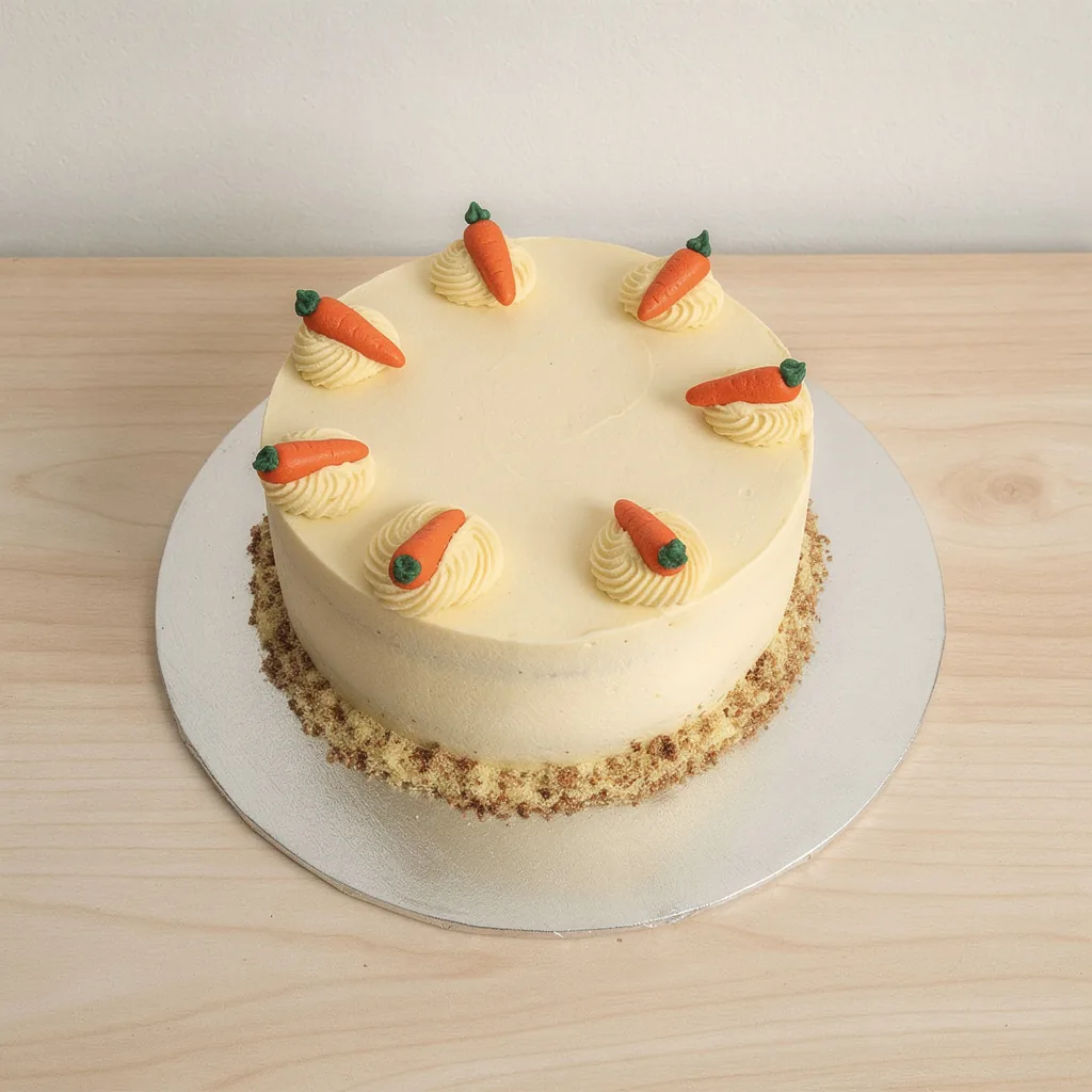 Round carrot cake with smooth cream frosting and seven piped swirls topped with small carrot decorations
