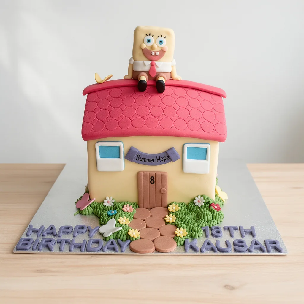 Birthday cake shaped like a house with a red roof and a happy cartoon character sitting on top