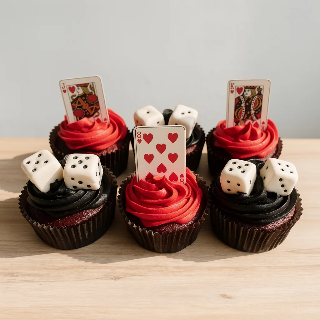 Cupcakes with red and black swirled frosting topped with playing cards and edible dice