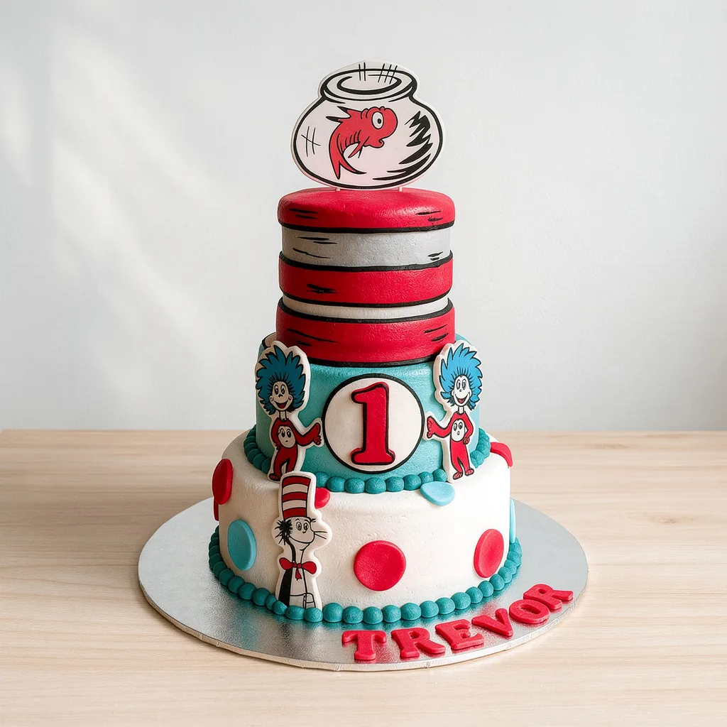 Three-tier cake decorated with Cat in the Hat characters and a fishbowl topper for a first birthday