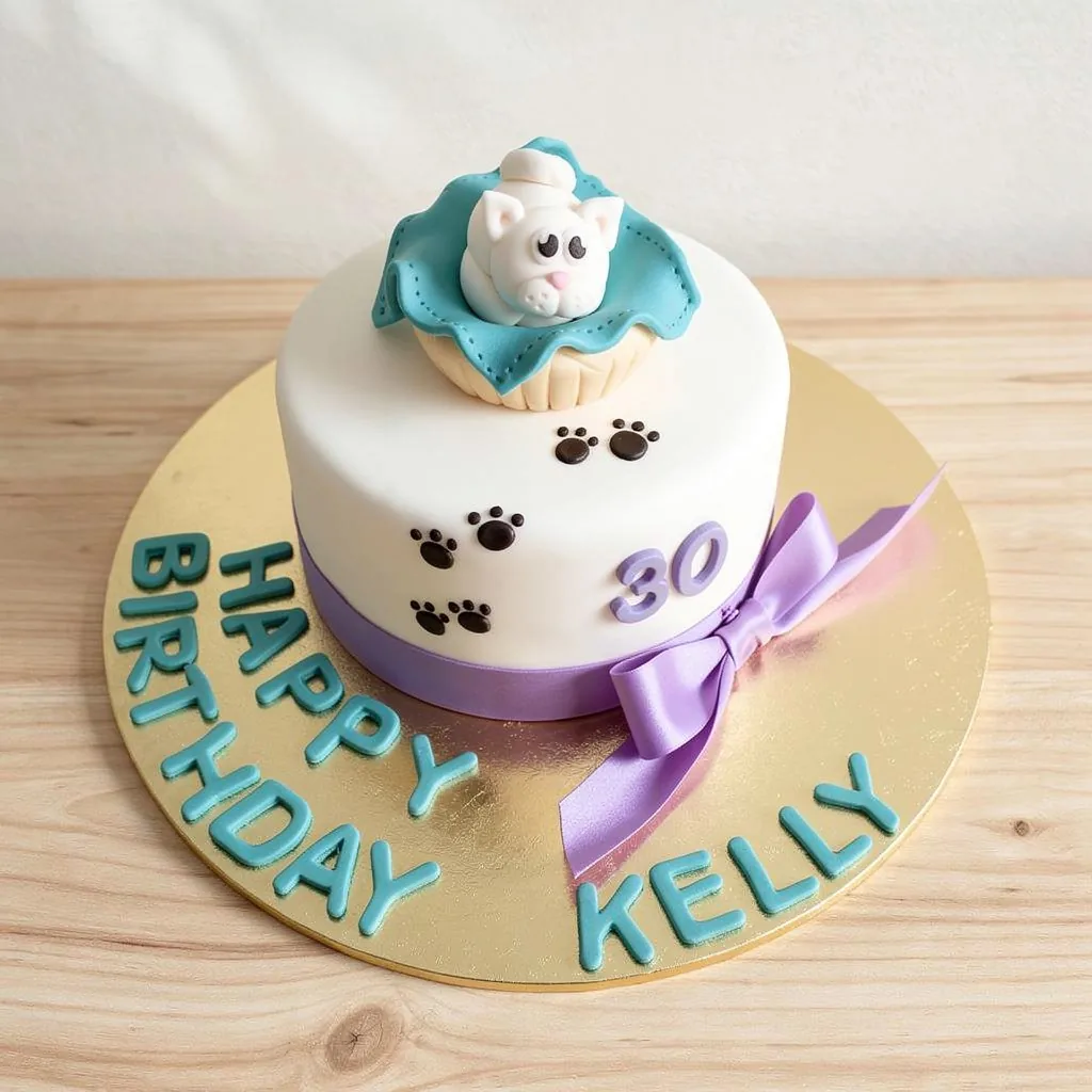 White fondant cake with purple ribbon, cat figurine on blue blanket, and paw prints