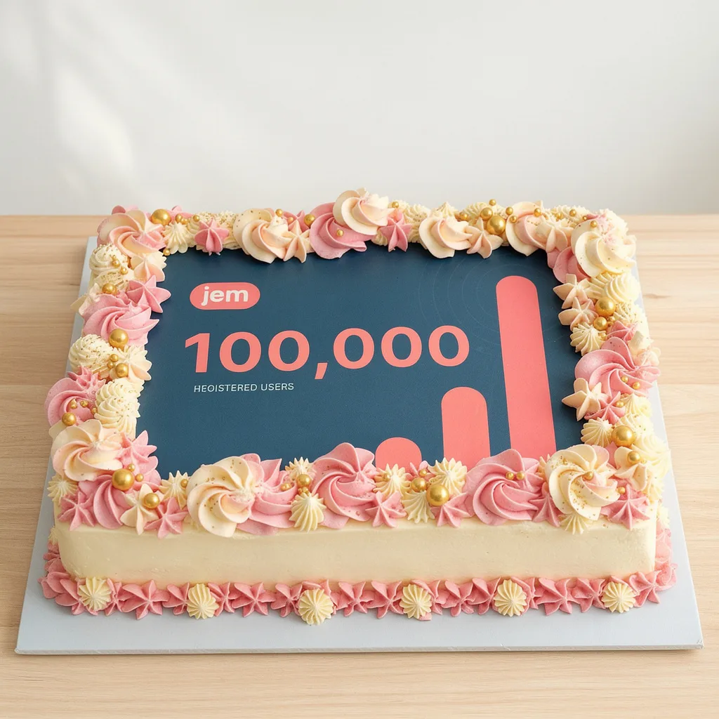 Rectangular celebration cake with pink and cream swirled frosting and gold ball decorations.