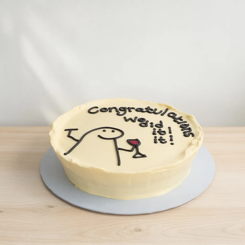 Round cream-coloured cake with congratulations and cartoon figure holding a wine glass in black and red icing