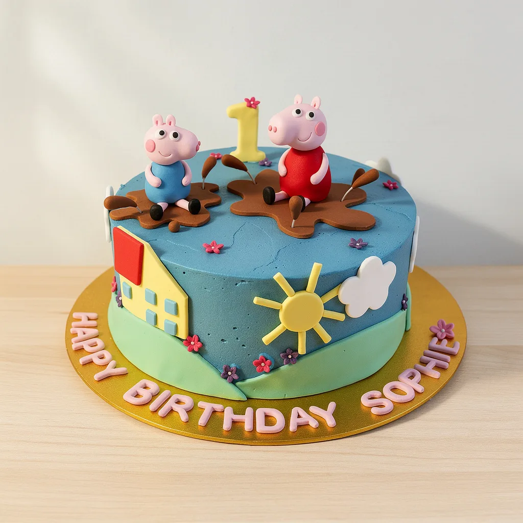 Round birthday cake with two playful pig figurines sitting on mud puddle decorations and a yellow number one topper