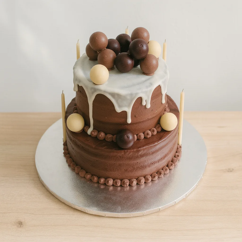 Two-tier chocolate cake with white drip icing and chocolate balls on top and around sides
