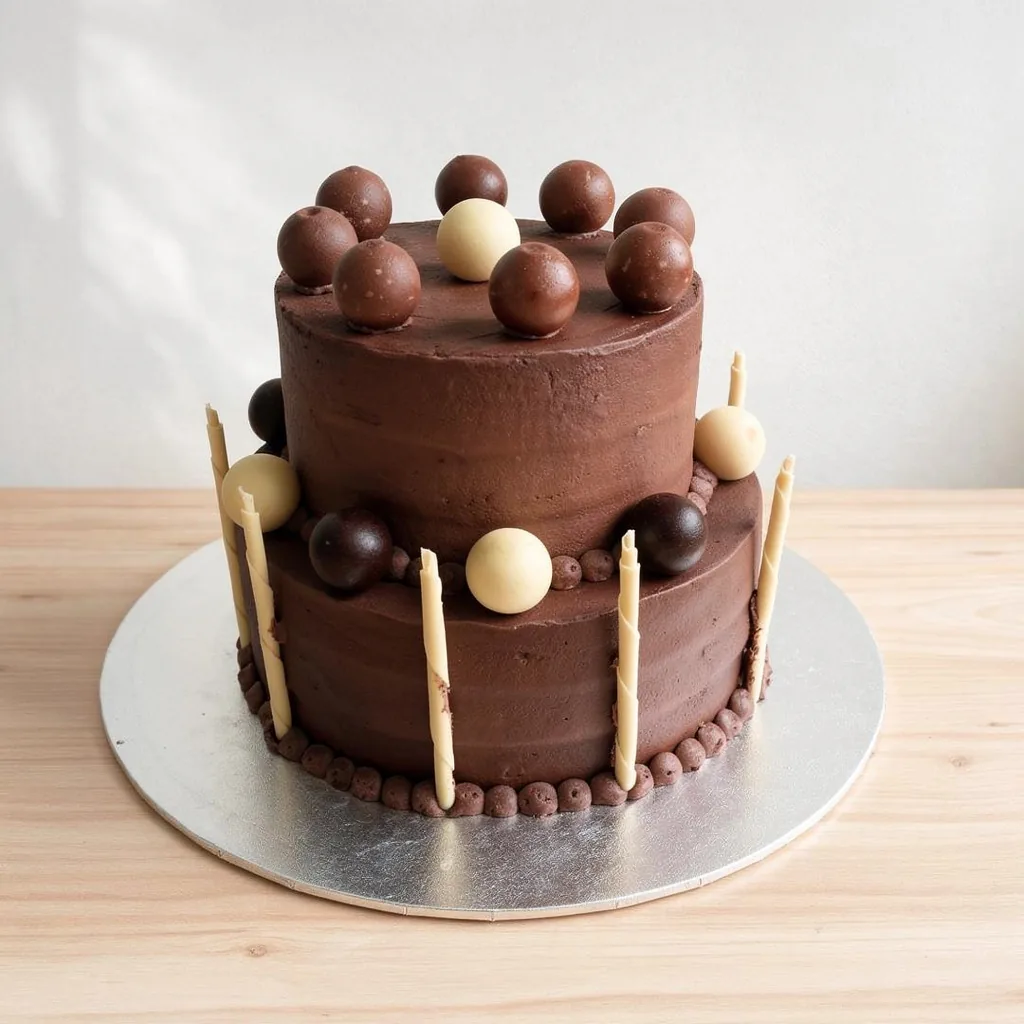 Two-tier chocolate cake decorated with chocolate and white chocolate balls and white chocolate sticks