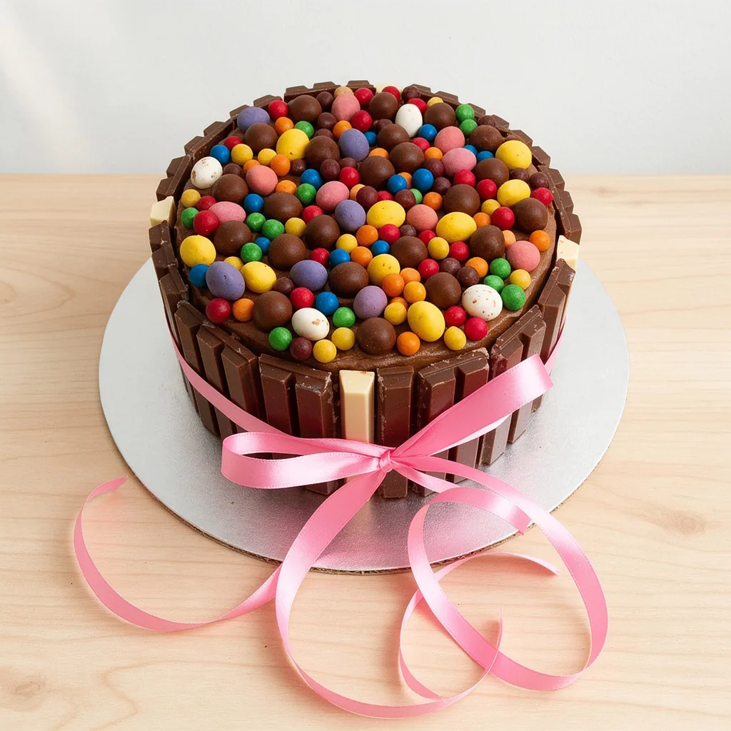 Round chocolate cake wrapped with KitKat bars and topped with colorful chocolate candies, tied with a pink ribbon.