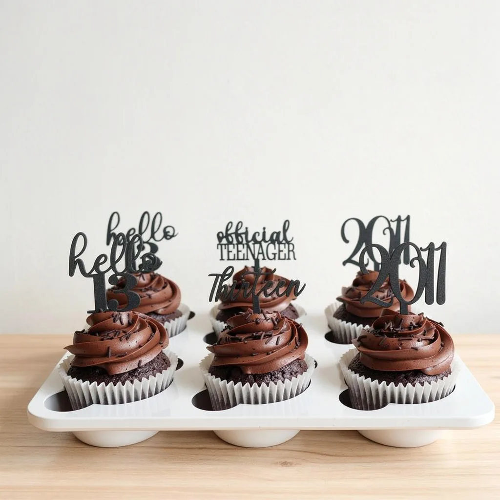 Six chocolate cupcakes with chocolate frosting and black toppers celebrating a 13th birthday