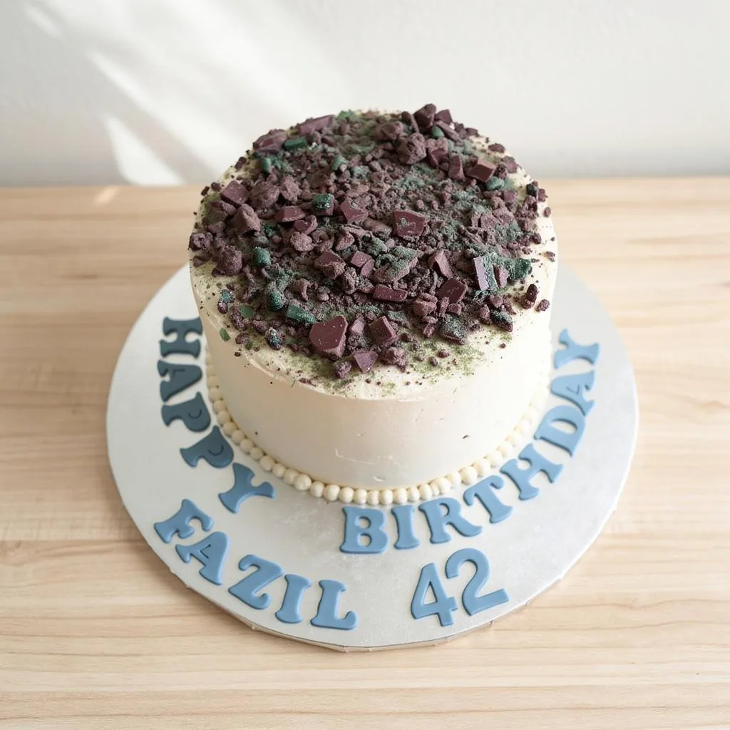 Round birthday cake with white frosting topped with chocolate crumble and peppermint crisp