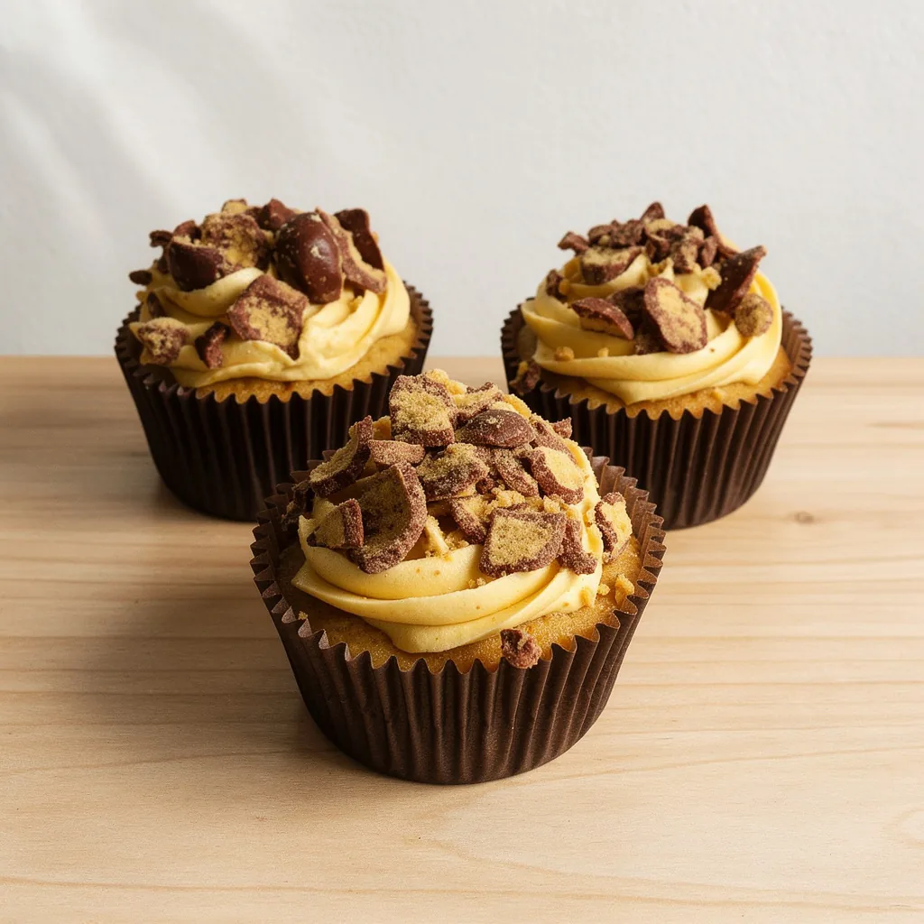 Three cupcakes with creamy yellow frosting topped with chocolate crumble pieces