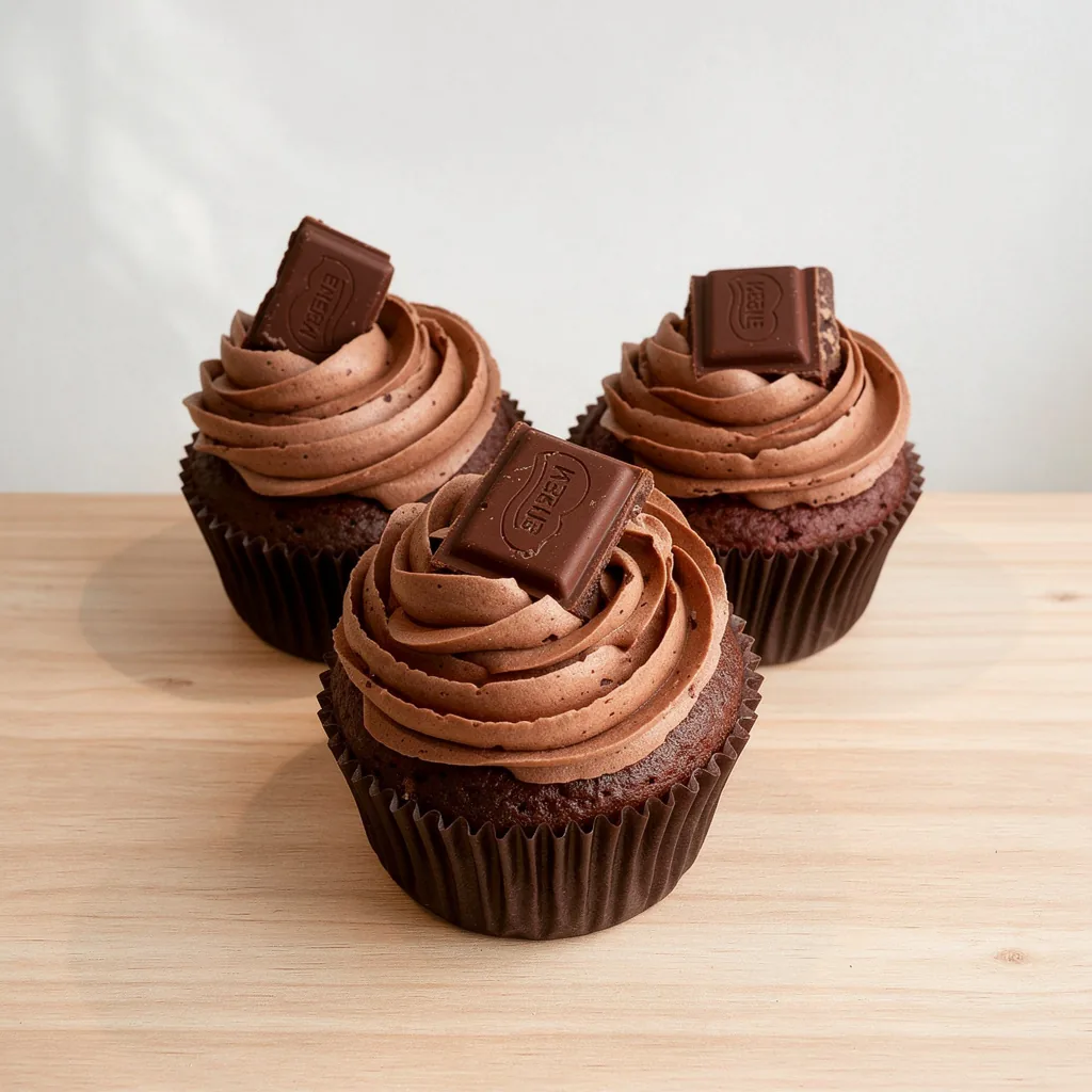 Three chocolate cupcakes with chocolate frosting and a piece of chocolate on top