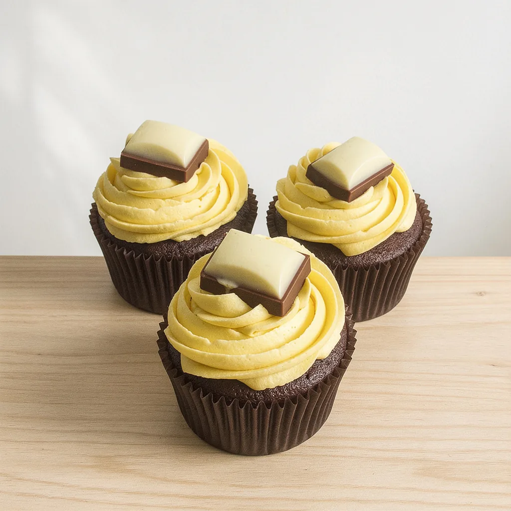 Three chocolate cupcakes with yellow cream swirls and white and milk chocolate pieces on top