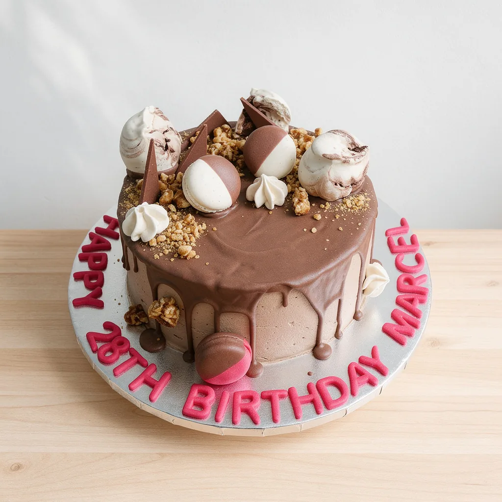 Chocolate drip birthday cake with marbled meringue, macaron decorations, and nut crumbles