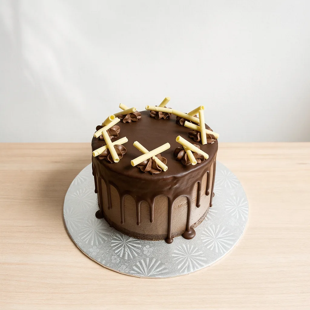 Round chocolate drip cake with chocolate swirls and white chocolate curls on top