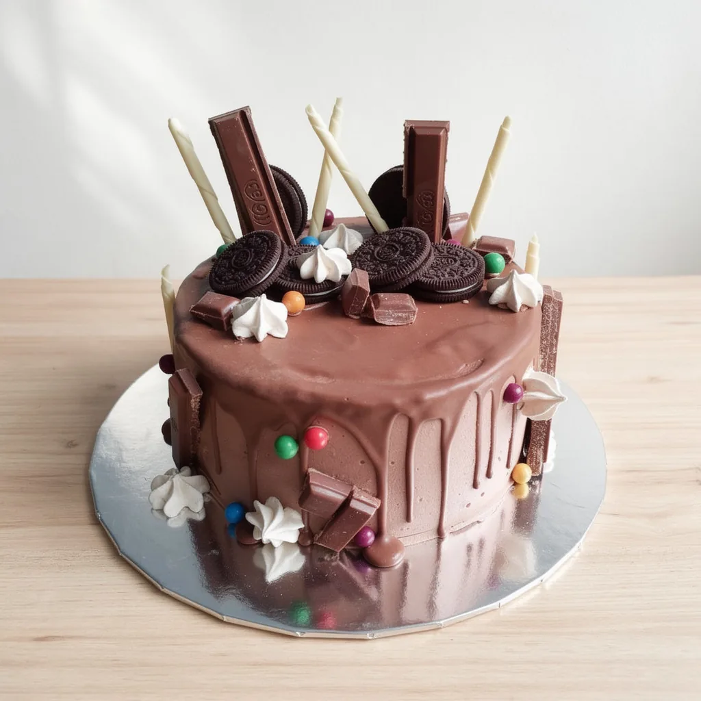 Chocolate drip cake decorated with Oreo cookies, Kit Kat bars, white meringue swirls, and colorful candy-coated chocolates