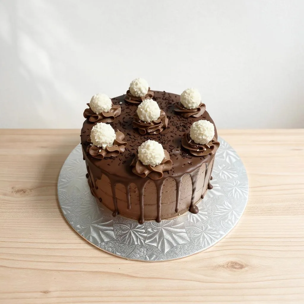 Round chocolate cake with chocolate drip frosting topped with seven white coconut-covered balls on chocolate swirls