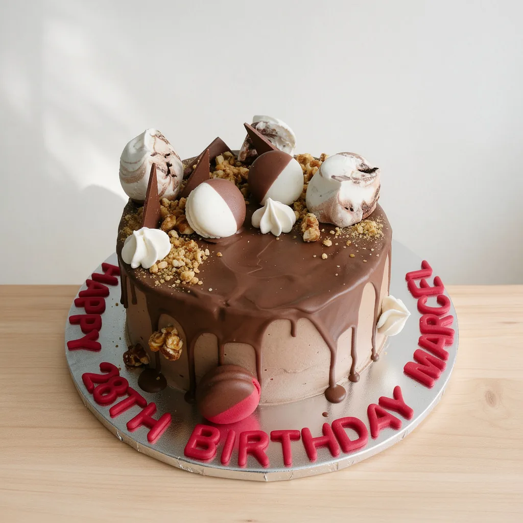 Round chocolate drip cake topped with meringue, cream dollops, chocolate shards, and nuts