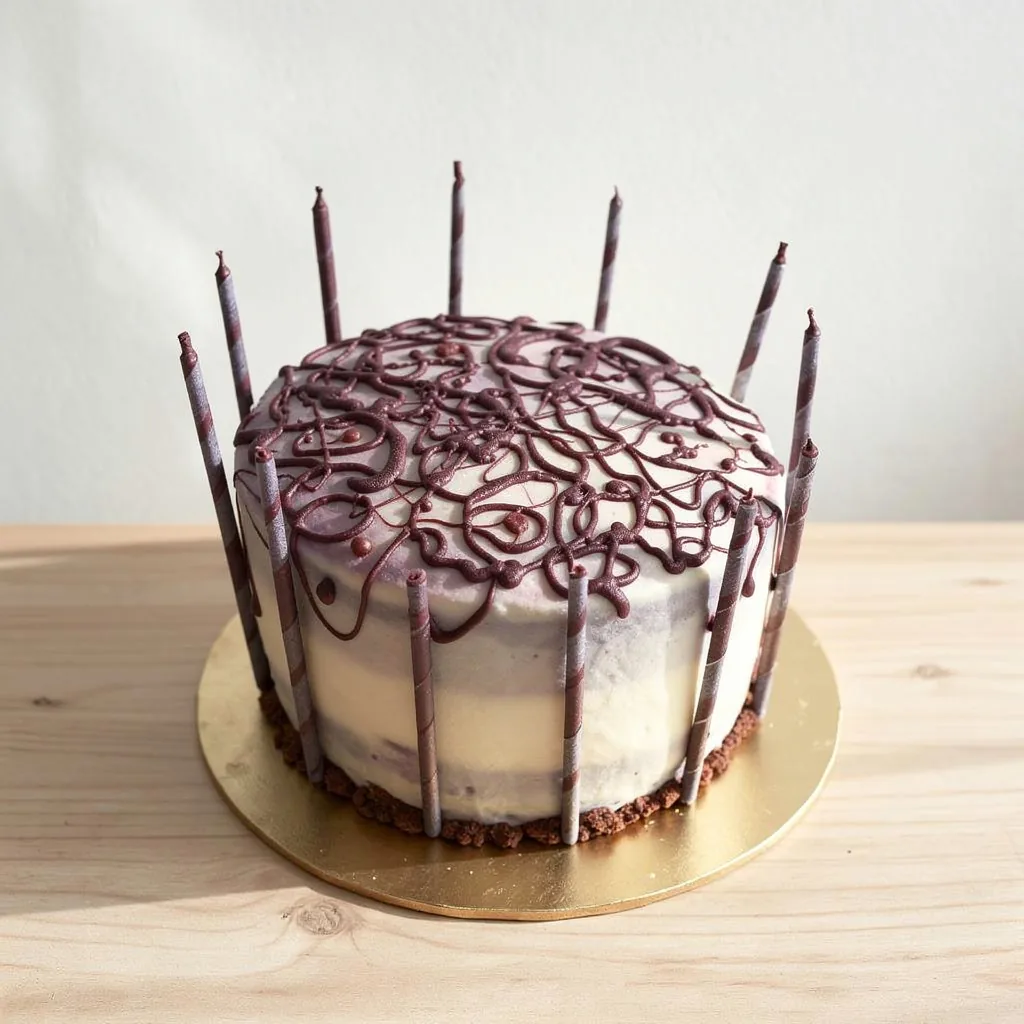 Round layered cake with white frosting, chocolate drizzle on top and vertical chocolate sticks around sides