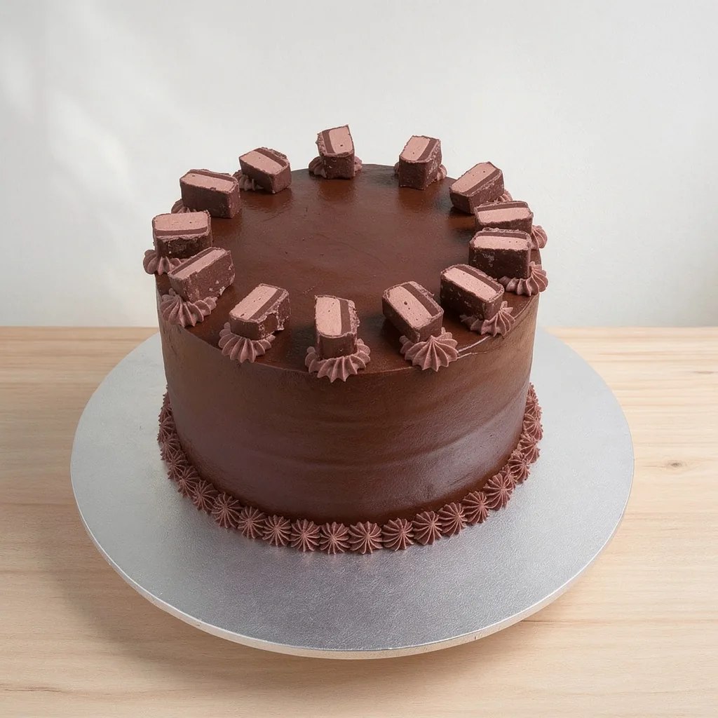 Round chocolate cake with smooth frosting topped with small chocolate slices